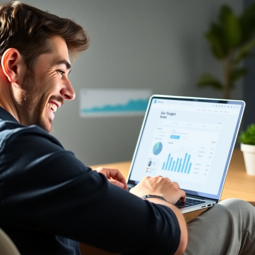 A photorealistic image of a person smiling while looking at a laptop screen showing a simplified budget dashboard of G-Budget module.  Use soft lighting and a calming color palette. Focus on the ease of use and the positive emotions associated with successful budget management.