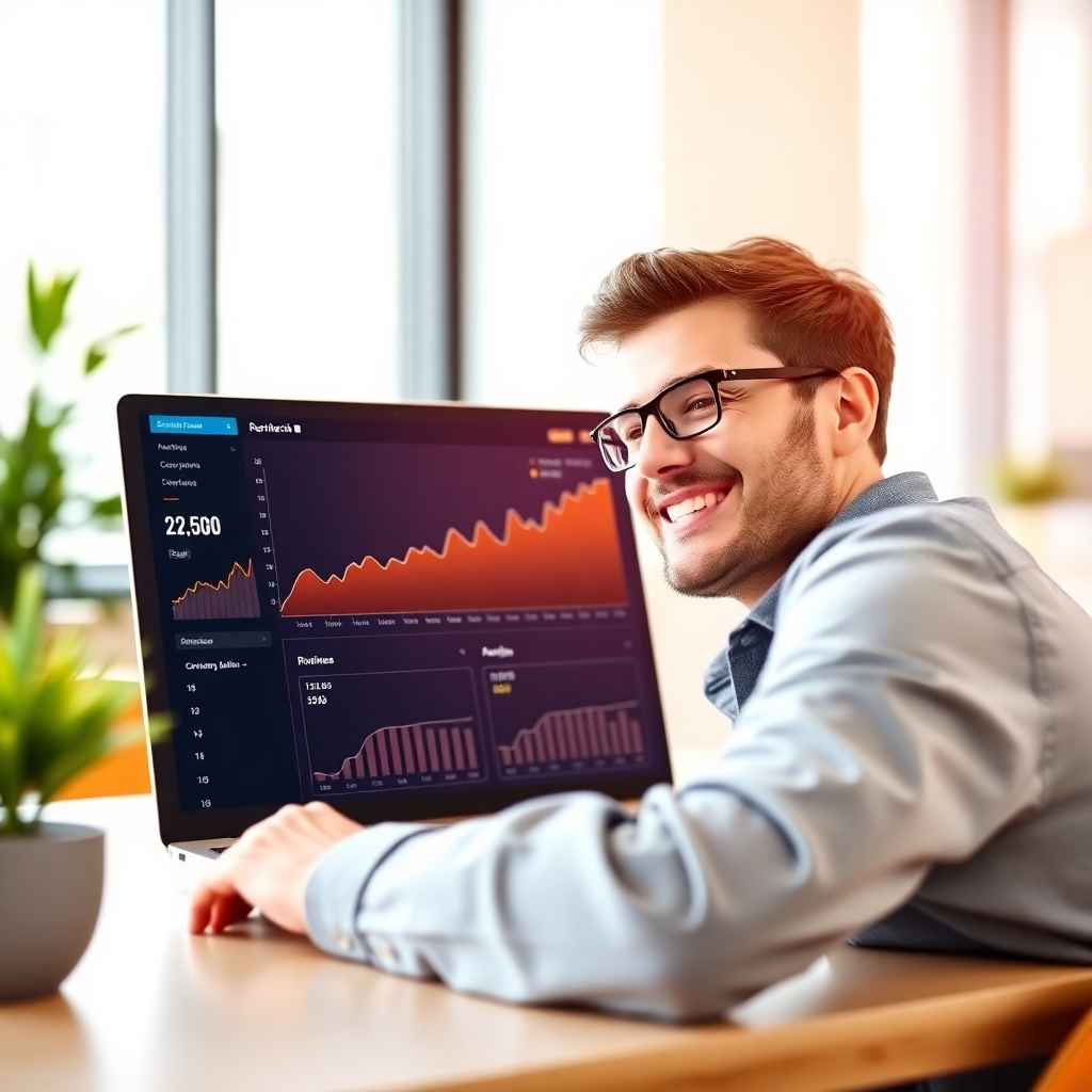 A photorealistic image of a person smiling while looking at a laptop screen displaying impressive website analytics with growing revenue figures highlighted.  The scene is set in a modern, bright office. The lighting is natural and bright, reflecting the positive and fruitful aspects of monetization. The color palette is bright and cheerful, emphasizing success. The camera angle is slightly over the shoulder of the person, showing their expression of satisfaction. Textures should be realistic, emphasizing the quality of the office space and the details of the laptop screen. The overall style should be inspirational and motivational, conveying the feeling of accomplishment.  Image resolution is 4K