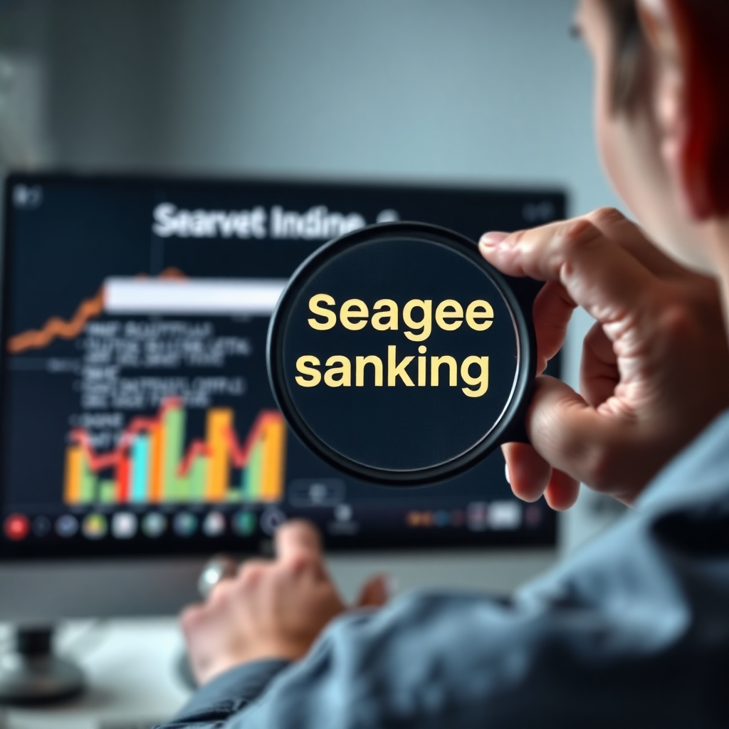 A photorealistic image of a person using a magnifying glass to examine a computer screen displaying high search engine rankings. The focus should be sharp on both the person and the screen.  The color palette is neutral, with a focus on sharpness and clarity. The camera angle should be over the shoulder of the person, creating a sense of involvement and immersion. The textures should be detailed, conveying the realistic environment of an office setting. The image should evoke a feeling of thoroughness and attention to detail. The overall style is professional and confident, matching the tone of the content.  The image resolution is 4K.