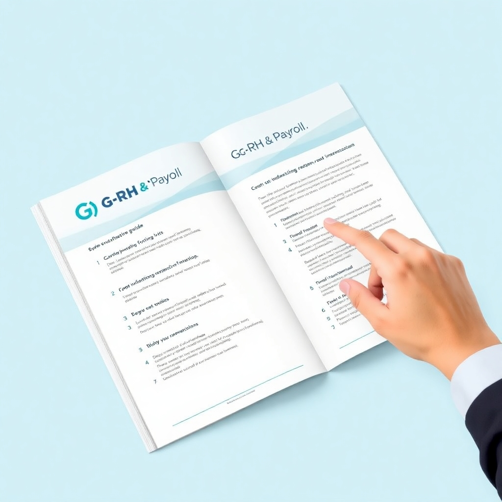 A photorealistic image of a printed guide with the G-RH&Payroll logo prominently displayed, and someone pointing to a specific step. The color palette should be simple and easy to read. The lighting should be soft and even. The camera angle should showcase the steps in the guide. The style should be clean and professional. The image should communicate clarity and ease of understanding.