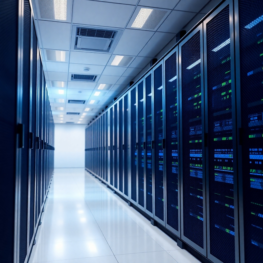 A photorealistic image of a server room, clean and modern, with rows of humming servers. The lighting is soft and even, highlighting the precision and technology involved. The color palette is cool and technological, with blues and greens dominating. The image should convey a sense of security and reliability.  Camera angle should be a slightly elevated perspective, capturing the vastness of the server room. The focus should be sharp, with detailed textures showing the clean metallic surfaces of the servers. The overall style should be similar to professional stock photography depicting data centers, emphasizing high quality and precision in execution. The image resolution is 4K