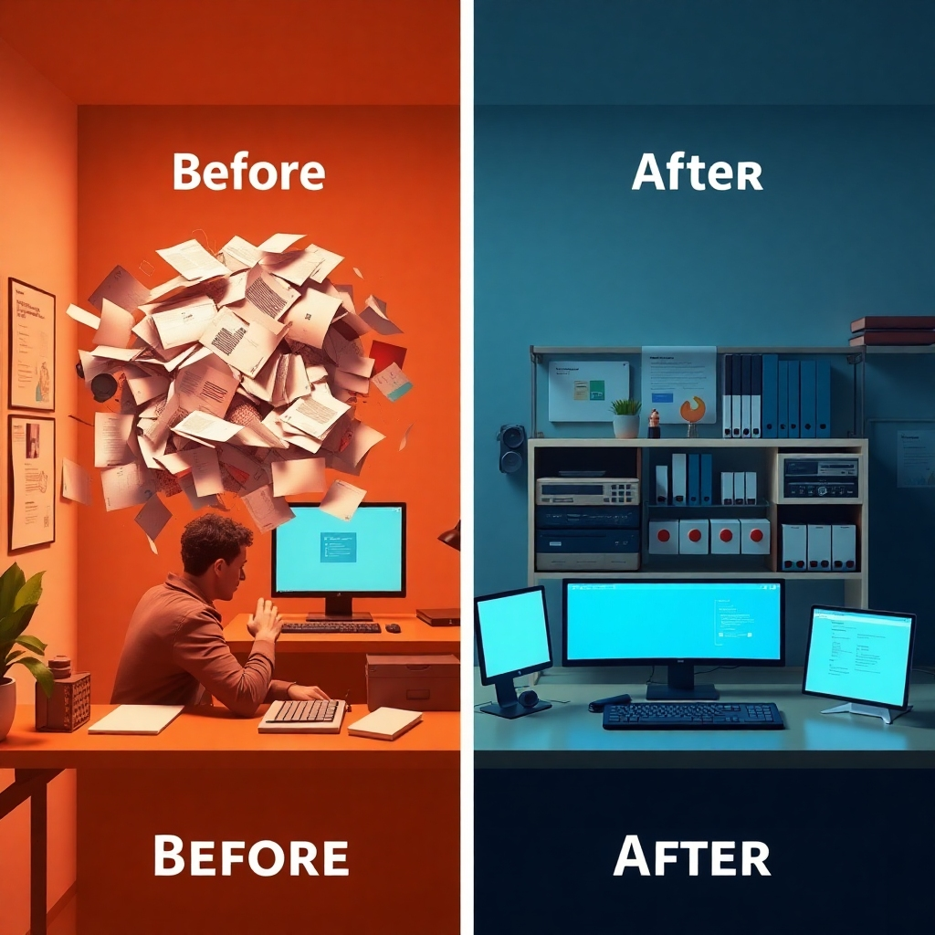 A photorealistic image of a simplified workflow process. Depict the tasks before automation and after, showcasing a significant reduction in time and effort. The before image should show confusion, while the after image should be highly organized and efficient. Use bright lighting and contrasting colors to highlight the difference.