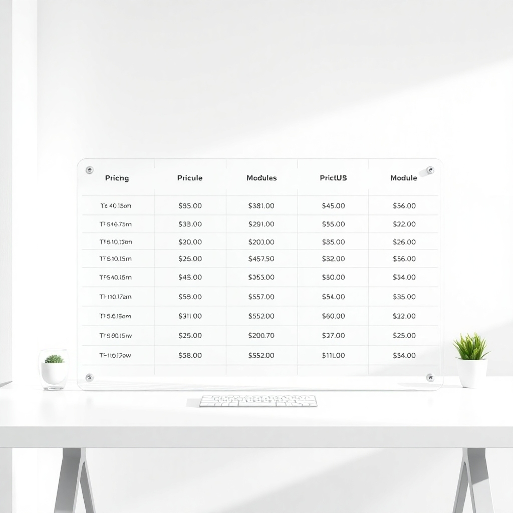 A photorealistic image of a transparent pricing table with 12 clearly labeled modules and their prices, displayed on a modern, minimalist desk. The scene is brightly lit, creating a sense of openness and honesty. The overall style should be professional and trustworthy. The image should be clean and well-organized, with a focus on clarity and simplicity. The color scheme should be calming and professional, conveying professionalism and trustworthiness.