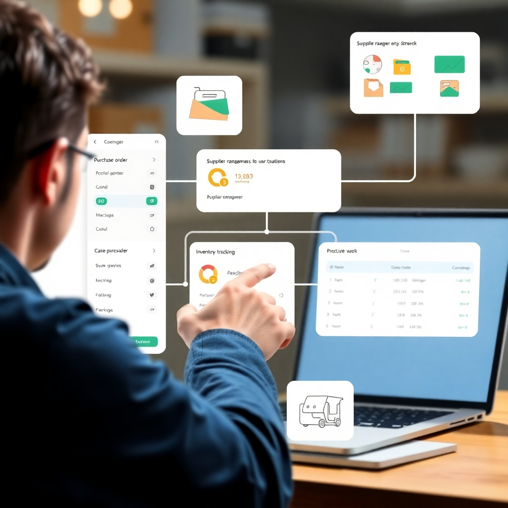 A photorealistic image of a user interacting with an interface showing a simplified purchasing workflow, with elements showing purchase orders, supplier management, and inventory tracking. A clean, modern design with a user-friendly interface is key. The style should reflect simplicity, clarity, and efficiency in purchase management.