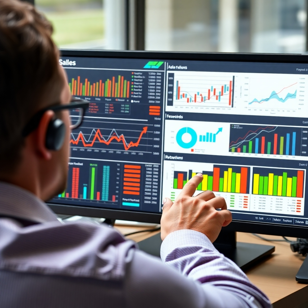 A photorealistic image of a user reviewing detailed sales reports and charts on a high-resolution screen. The image should feature sharp details, realistic textures, and a user-friendly interface. The color scheme should be professional and easily readable. The image should evoke a sense of insight and control over sales data.