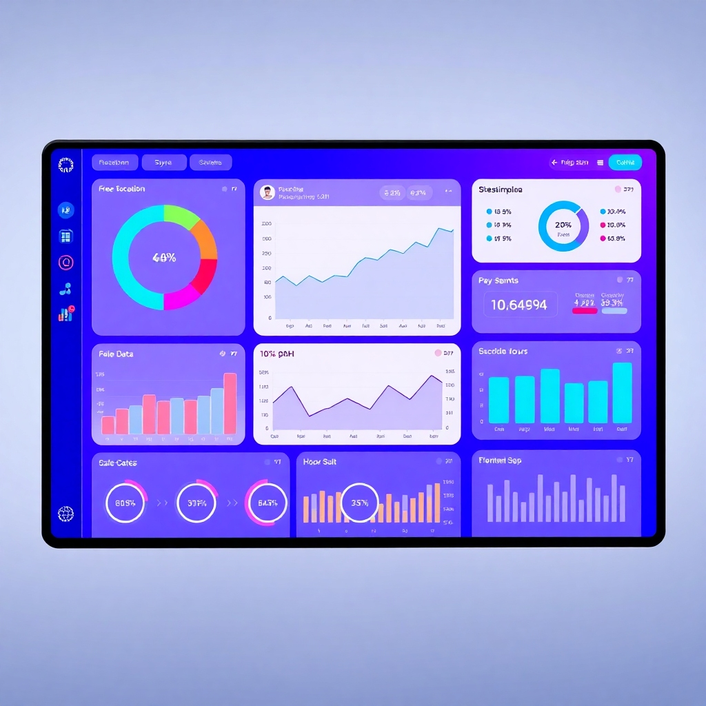 A photorealistic image of a vibrant, interactive dashboard displaying key sales data in a clean, intuitive interface. Show charts, graphs, and key performance indicators (KPIs)  in clear, readable formats, using a modern color scheme. High resolution, showing fine details and crisp text. Lighting conditions should be bright and clear, showcasing the interface's functionality. The style should be minimalistic and professional, reflecting efficiency and clarity.
