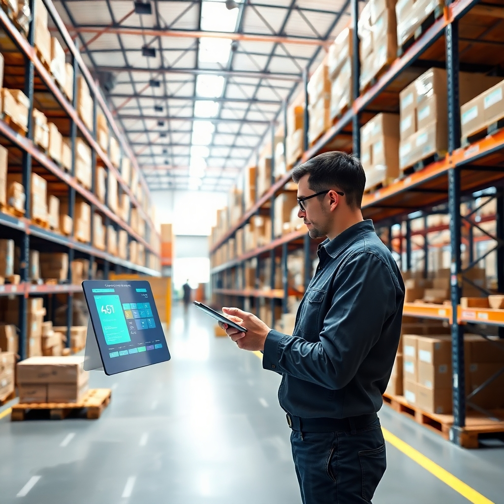 A photorealistic image of a warehouse scene with modern technology, showcasing efficient inventory management.  The image should depict a clean and organized environment, with high-tech tools used to track inventory levels. The color palette should be bright and professional.  The overall mood should feel modern and efficient, reflecting effective inventory management.
