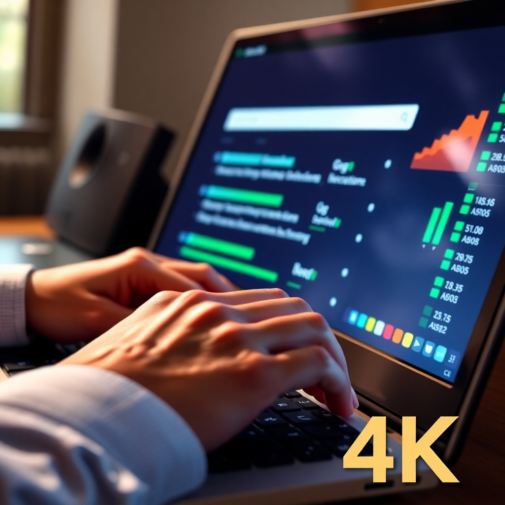 A photorealistic image of hands typing on a keyboard, with a brightly lit computer screen showing keywords and search engine rankings. The image emphasizes the user's direct involvement in the SEO process.  The color palette should be professional and reassuring.  The camera angle should be a close-up, highlighting the details. Textures should be realistic, conveying the sense of a real-world workspace. The style should convey confidence and competence.  The image resolution is 4K.