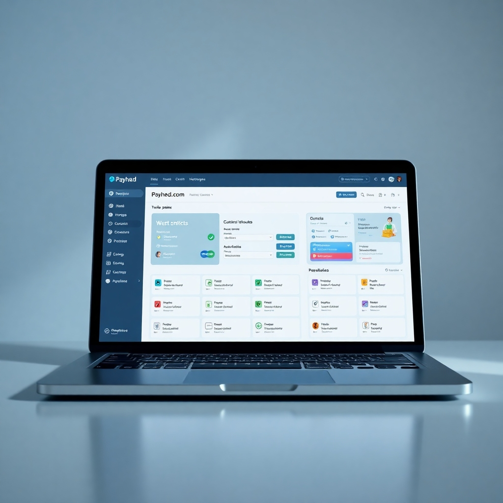 A photorealistic image showcasing a laptop screen displaying the payhed.com checkout page, integrated into a business dashboard with clear visuals of the 12 modules. The overall ambiance is clean and professional, reinforcing user confidence and trust. The lighting should be soft and even, eliminating harsh shadows and providing a sense of order. The image resolution should be 4K, and the image should be created to showcase the seamless integration of our modules with the payhed.com payment gateway.
