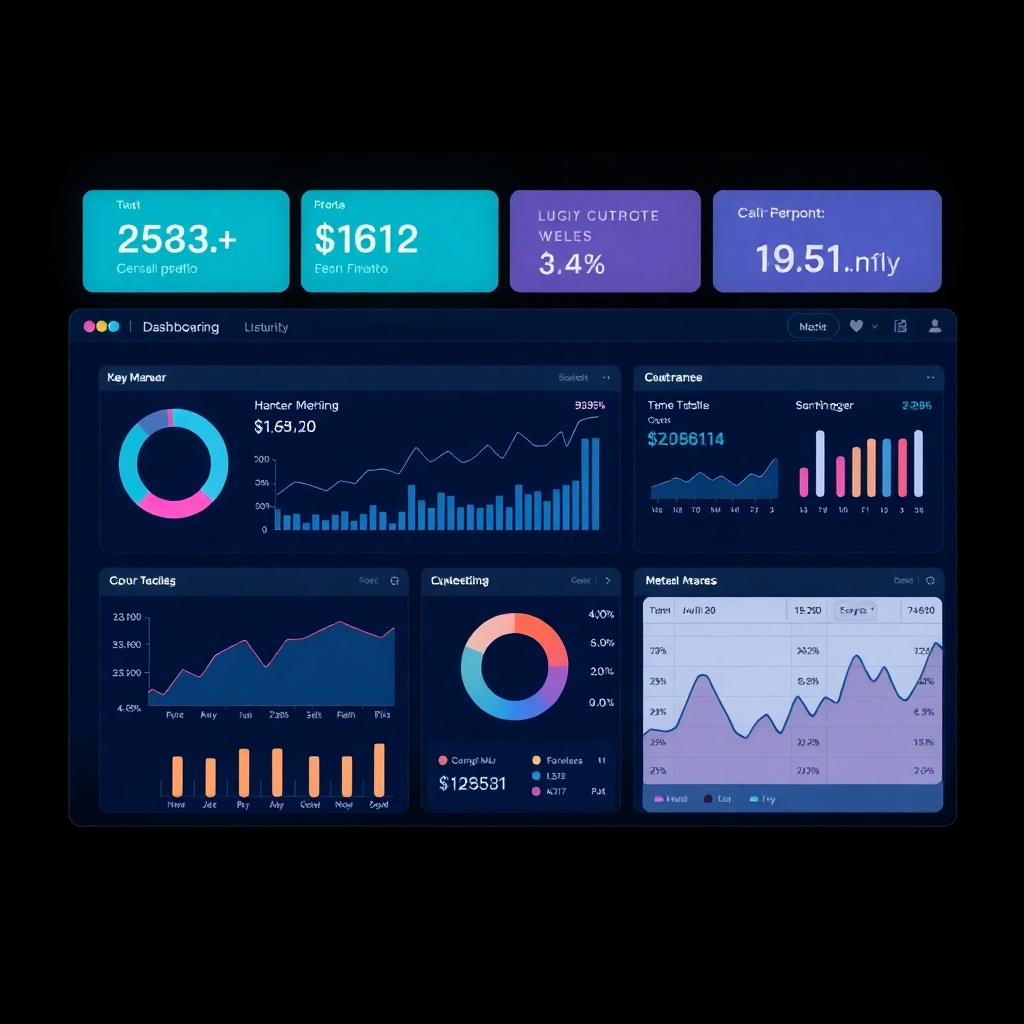 A photorealistic image showcasing a clean, intuitive dashboard displaying key financial metrics in a clear and organized manner. The color scheme should be professional and calming. The image should be sharp and clearly showing the layout and data visualization tools.