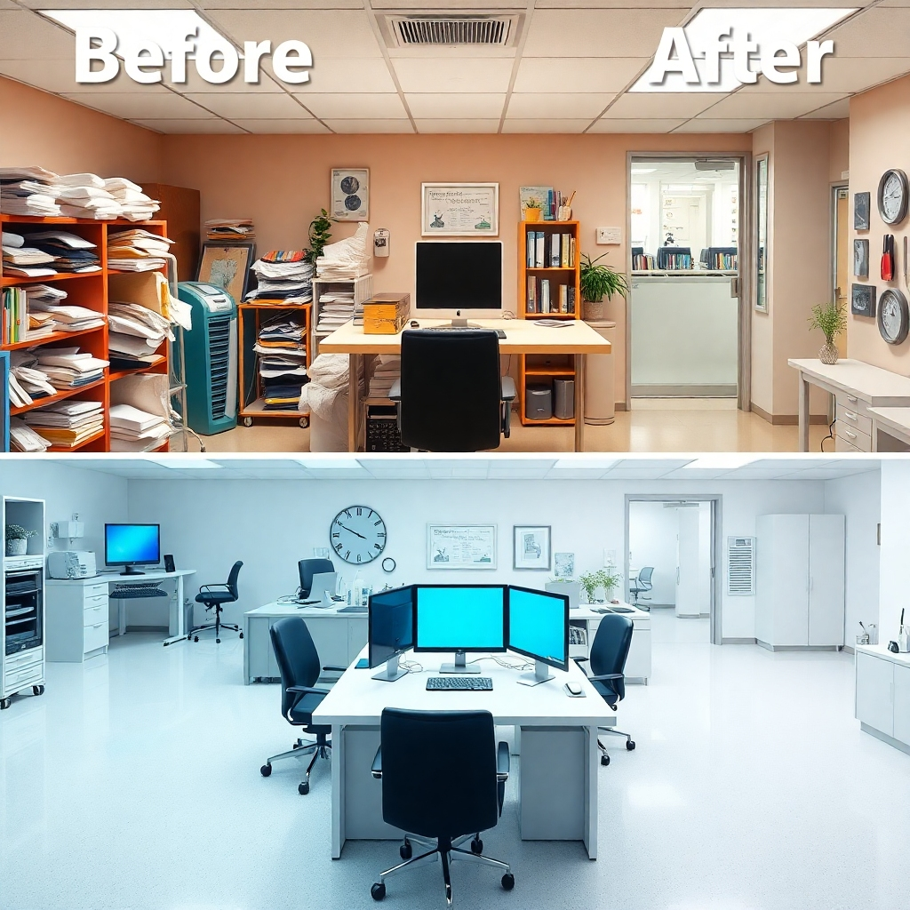 A photorealistic image showcasing a before-and-after scenario: a cluttered, disorganized hospital office contrasted with the same office using the G-Hospital Module, which is clean, organized, and digital.  Use a warm color palette for the before image and a cool color palette for the after image to highlight the difference. The lighting should be bright and clear, showing the details of the environment.