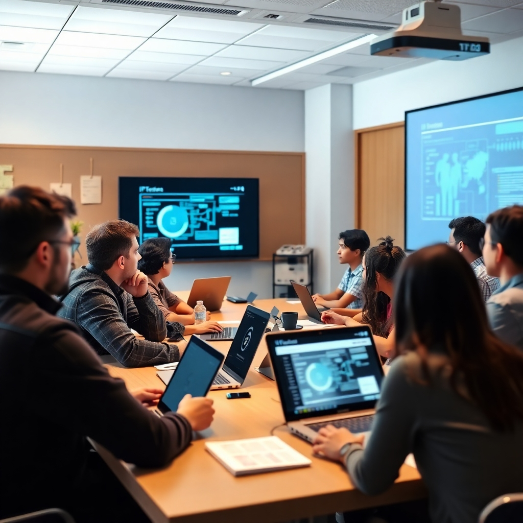 A photorealistic image showing a diverse group of students attentively participating in an IT training session.  The instructor is using a projector to present a technological concept on a screen, while students are actively engaged with laptops and interactive learning materials. The setting should be a bright and modern classroom.