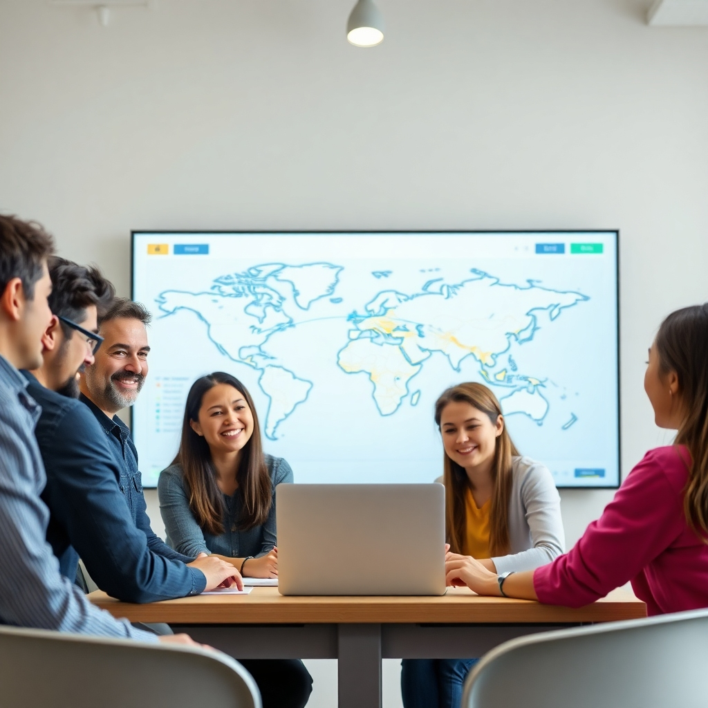 A photorealistic image showing a group of teachers and students collaborating around a large screen showing an interactive map depicting communication pathways. Show happy faces and modern equipment.  The image should depict a positive learning environment with seamless communication.  The style should be modern and welcoming. The resolution should be 4K.  Textures and lighting should create a natural and inviting atmosphere.