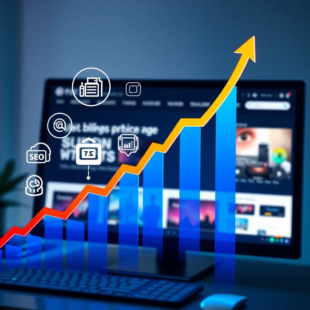 A photorealistic image showing a vibrant upward graph representing growth, with icons symbolizing web hosting, SEO (search engine optimization), and effective referencing strategies overlaid. The background should subtly feature a computer screen displaying a successful website, conveying a sense of progress and achievement.