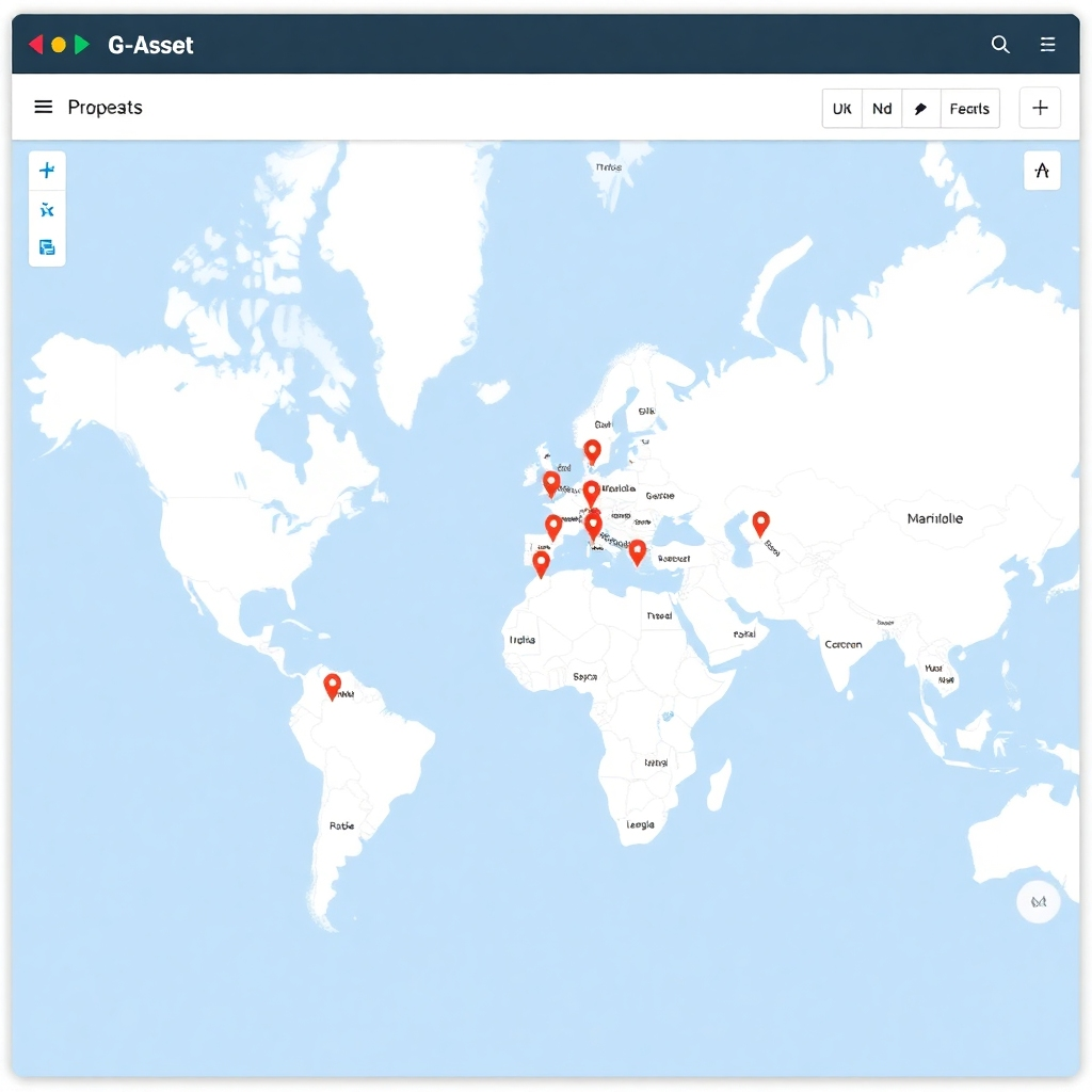 A screenshot of a map interface within the G-Asset module. The map should display various assets located across multiple sites. Use a clean and interactive map design.