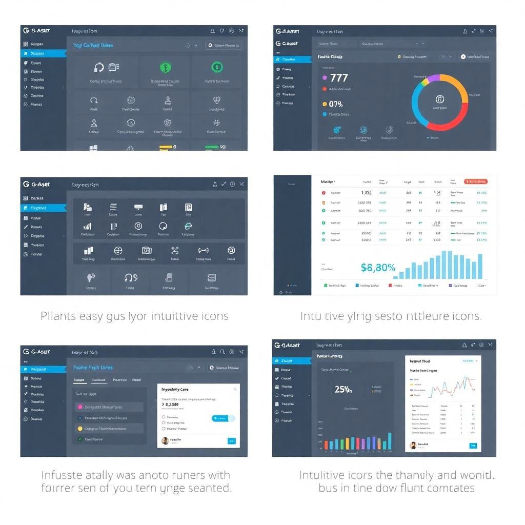 A series of screenshots showing various features of the G-Asset module. Focus on ease of navigation, intuitive icons, and clear data presentation.