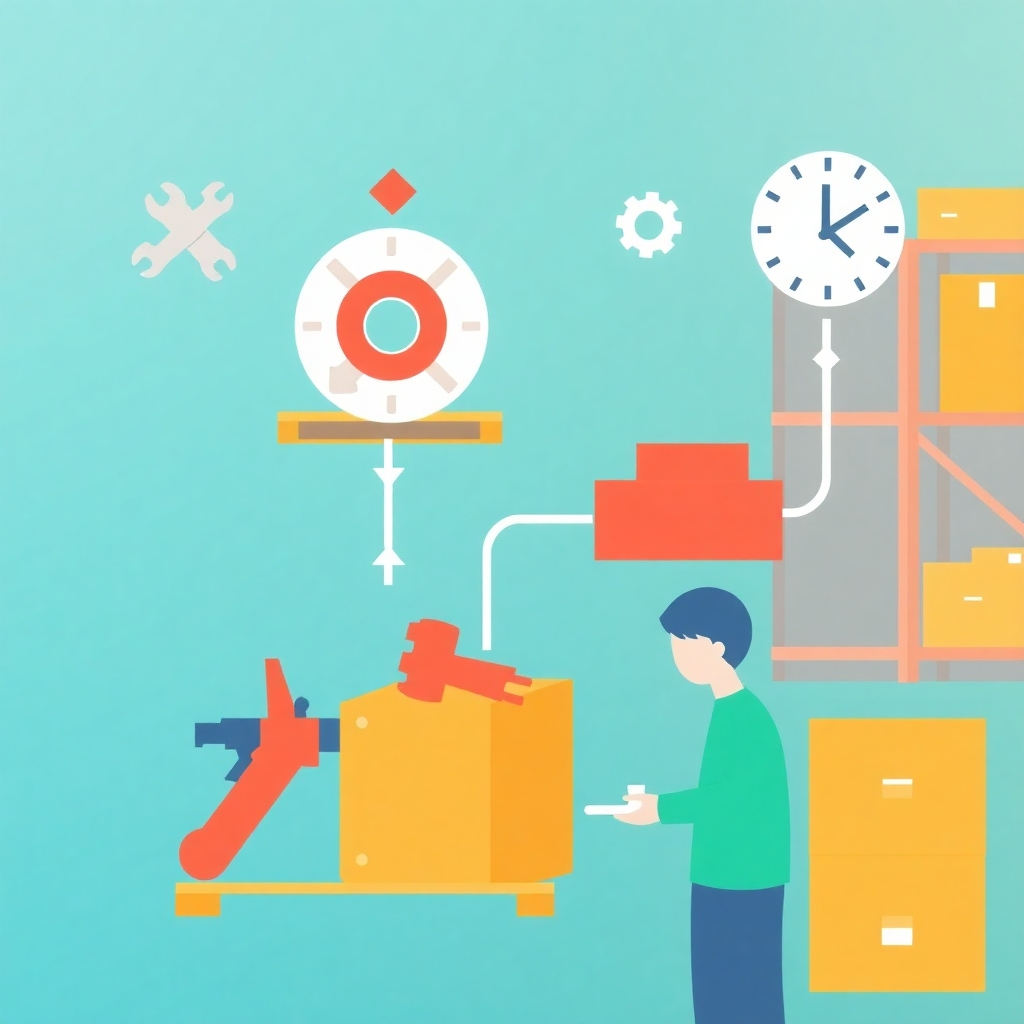 A stylized animation showing a smooth, efficient flow of spare parts from inventory to repair jobs. Use vibrant colors and smooth transitions to convey the seamlessness of the inventory management system.