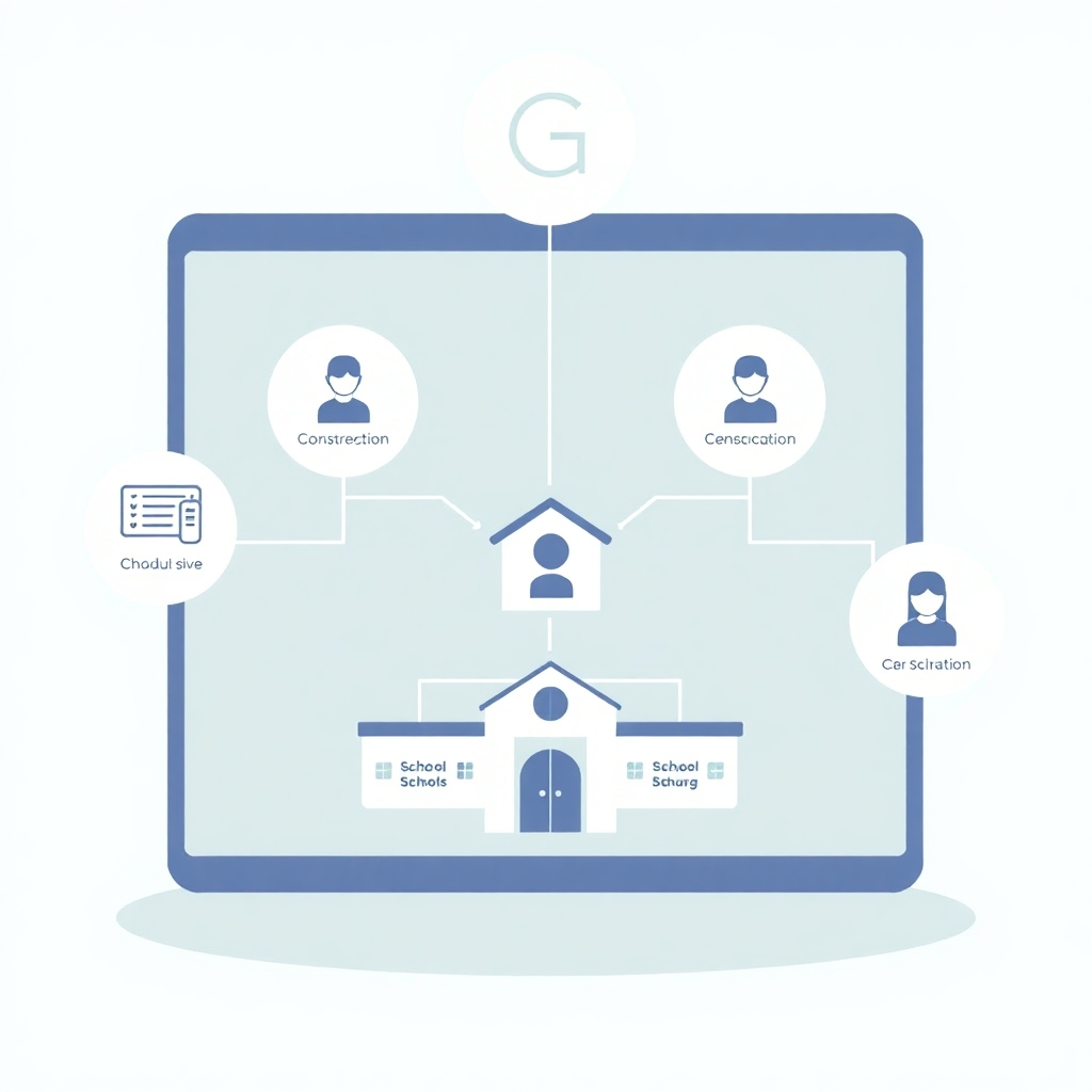 A stylized illustration showcasing a clear and well-organized representation of a school’s structure within the G-Entrance module.  Use clean visuals to communicate the effective organization of schools and participants within the platform, emphasizing the ease of management.