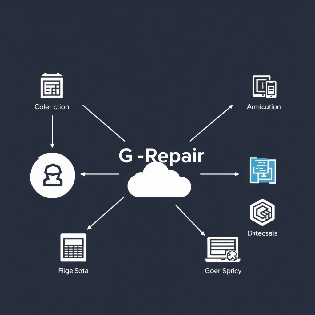 A stylized illustration showing how G-Repair integrates with various other systems, creating a seamless data flow and eliminating data silos.