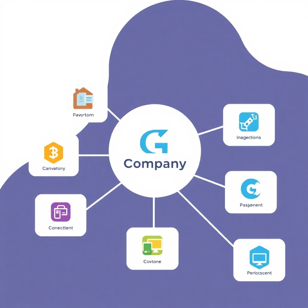 A stylized illustration showing different software applications connecting effortlessly to the G-Company platform.  The style should be modern and visually appealing. Use connecting lines to show the integration, and color-coded boxes to represent each application.