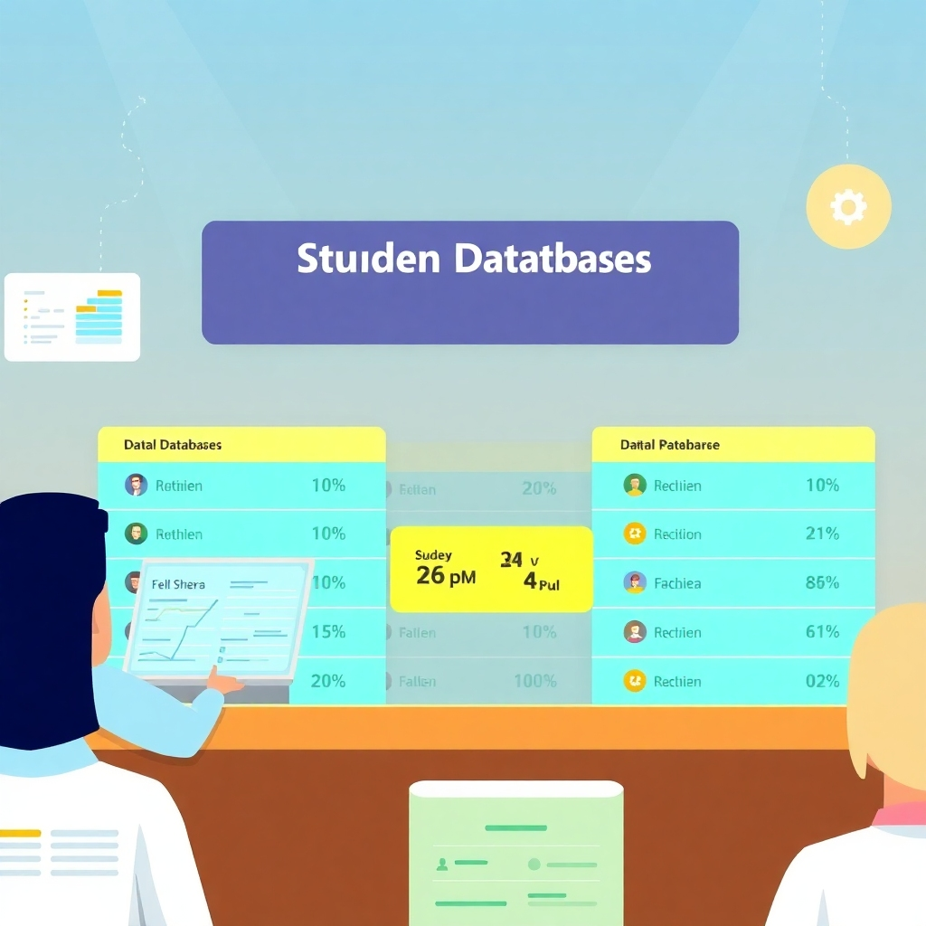 A stylized illustration showing a student database with various data points, clearly organized and presented in an easily digestible manner.  The style should be clean and modern, avoiding clutter and emphasizing clarity. The color palette should be professional and calming. The resolution should be 4K.  The lighting should be evenly distributed to highlight important data points.