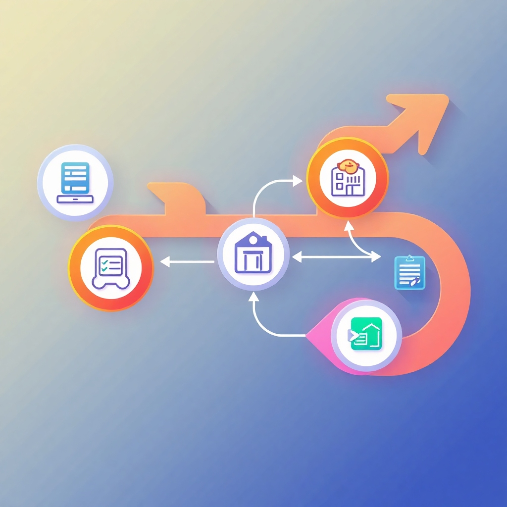 A stylized illustration showing automated processes flowing through a school system.  Arrows and connecting lines depict the workflow, with icons representing different processes (enrollment, scheduling, grading, etc.). The style should be clean and modern, with a minimalist design.  Use a vibrant color palette to make the processes appear easy and efficient.  The resolution should be 4K.  The lighting should be bright and focused on the arrows and icons to show efficiency.