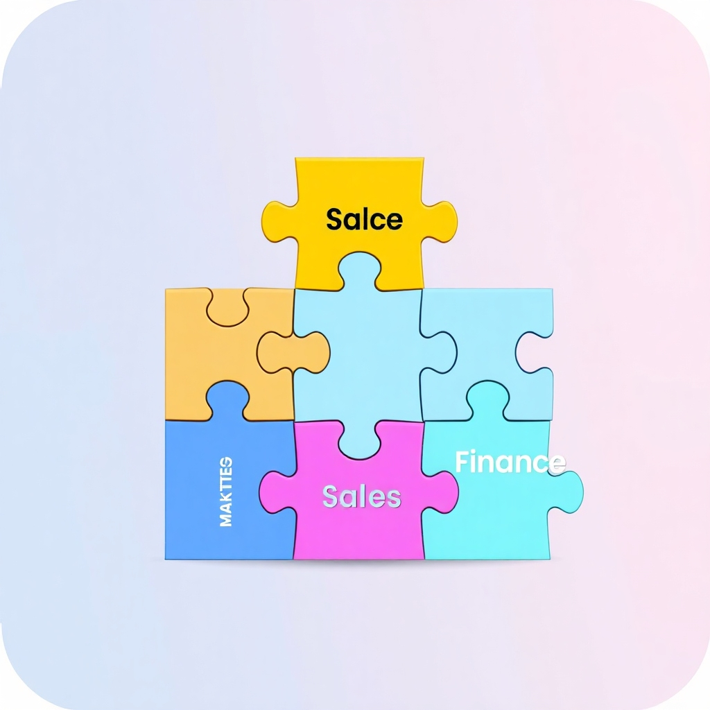 A stylized illustration showing a puzzle with individual pieces representing different business functions (sales, marketing, finance).  Each piece is clearly labeled and fits together seamlessly to create a complete image. The style is clean, minimal, and emphasizes the modularity of the solution.  Use a vibrant, yet professional color palette.