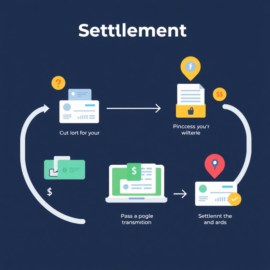A stylized illustration showing a smooth and automated process of settlements, using clear visual representations of transactions and payments. Use a clean and modern style with colors that convey trust and security. The image should represent efficiency and financial transparency.