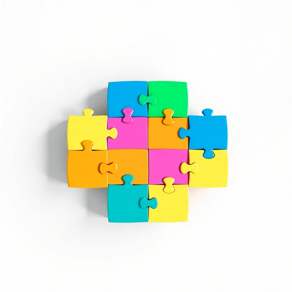 A stylized image depicting 12 interconnected puzzle pieces, each representing a different module, forming a complete picture.  The color scheme should be vibrant and engaging, representing a sense of progress. The overall composition is cohesive and impactful, symbolizing the comprehensive nature of our solutions. The image should have a 4K resolution and be created using 3D modeling software to ensure perfect visual balance. The image style should be similar to minimalist graphic design, emphasizing simplicity and clarity.