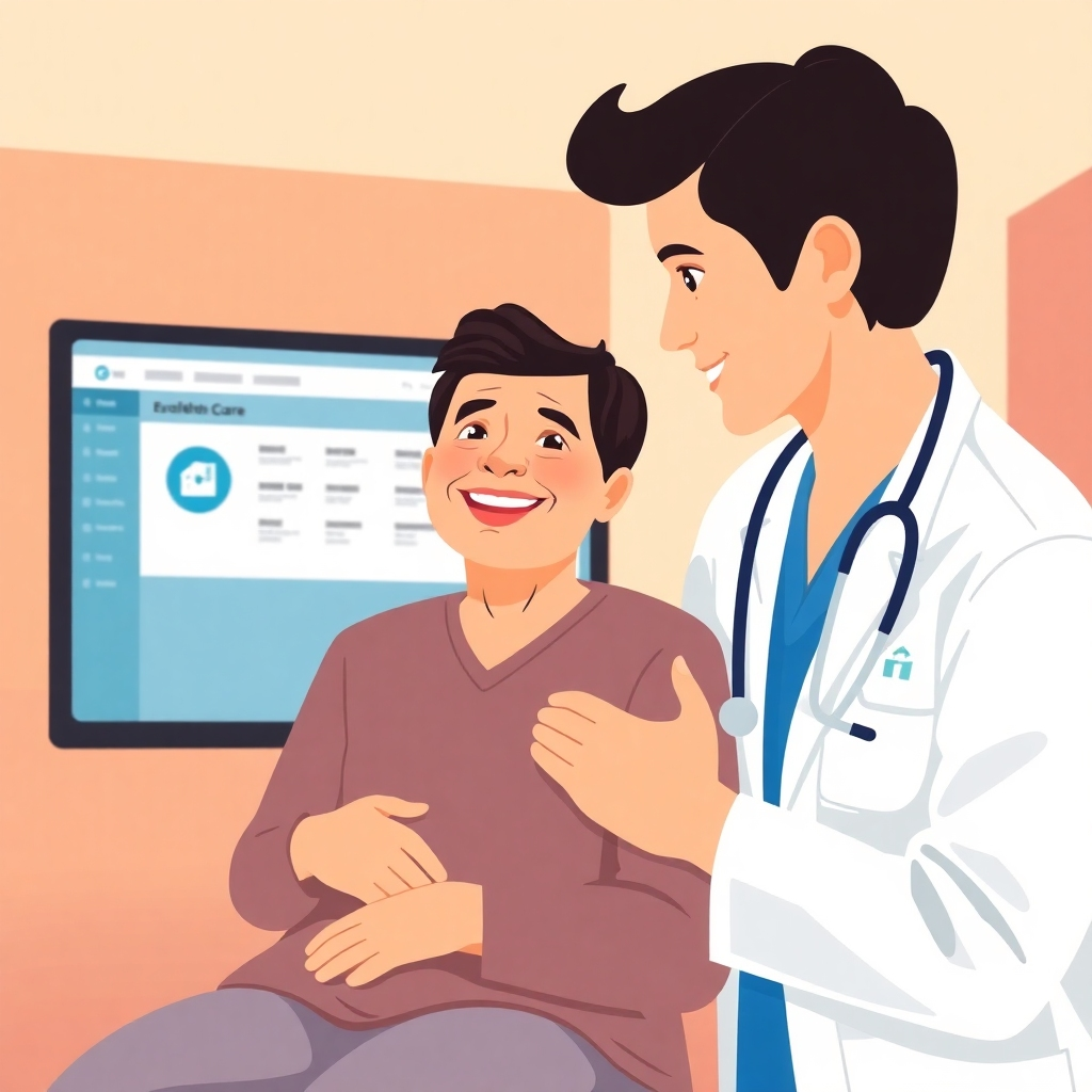 A stylized image depicting a happy patient receiving excellent care from a friendly doctor. The G-Hospital module is subtly in the background on a screen, highlighting the positive impact of the system. The color palette should be warm and inviting, conveying a sense of trust and reliability. The camera angle should be slightly above the scene, creating a feeling of warmth and optimism.