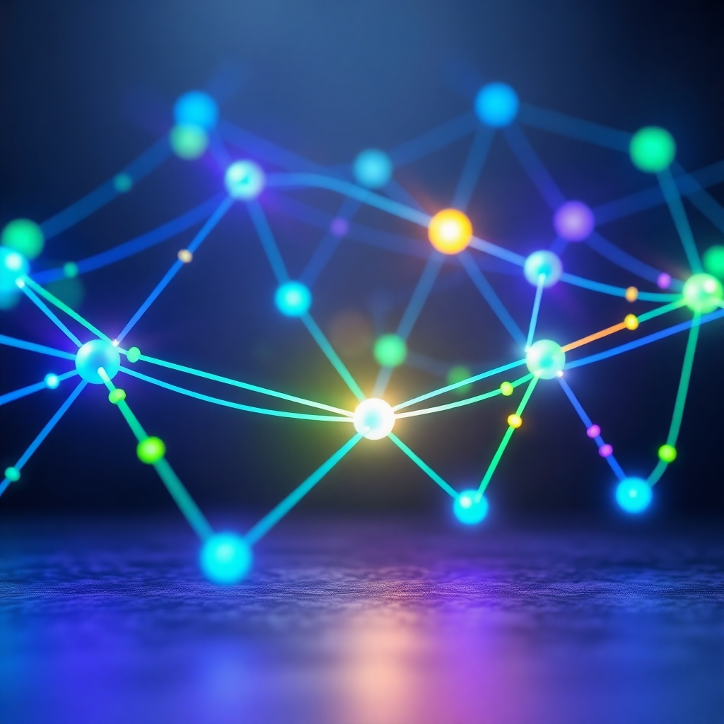 A stylized image depicting a network of interconnected nodes and glowing lines, representing the interconnected nature of web services. The color palette should be vibrant and futuristic, with blues, greens, and purples dominating. The composition should be abstract yet visually appealing, emphasizing the flow of data and the seamless integration of various web services. The nodes could represent websites, servers, and users. The image style should be similar to the network visualizations found in modern technology presentations, using a 4K resolution and high-quality rendering to ensure clarity and visual impact. The background should be a dark, subtly textured surface, providing contrast and drawing attention to the brightly colored network. The image should use a slightly elevated perspective to capture the interconnected network in its entirety, conveying the concept of a global network supporting web services. The camera angle and lighting should create a dynamic and visually engaging presentation, with a focus on the interplay of color and light to evoke a feeling of energy and innovation.