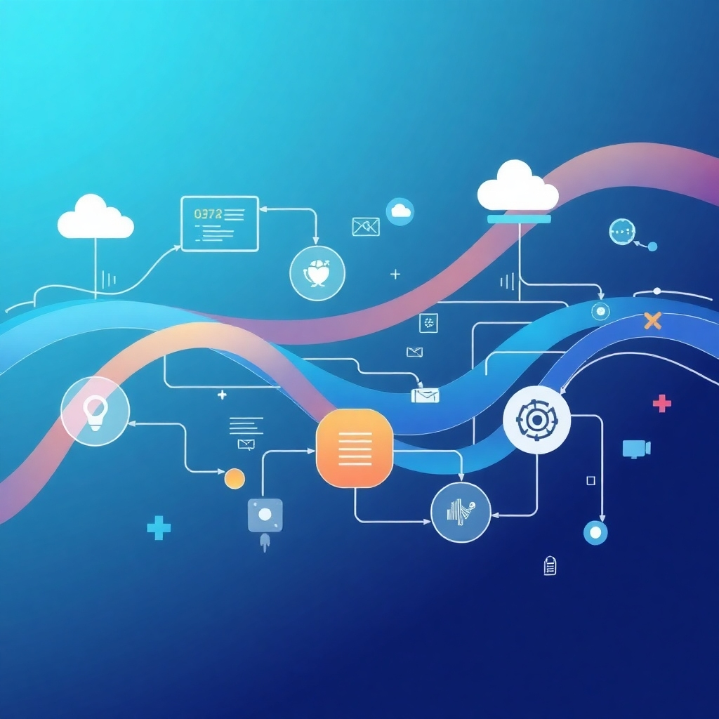 A stylized image depicting automated processes represented by flowing data streams and streamlined workflows in a clean and aesthetically pleasing visualization. The color palette should be modern and engaging