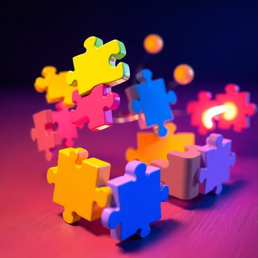 A stylized image depicting various business processes becoming streamlined and efficient, like puzzle pieces falling into place. This image uses bold colours and dynamic transitions to showcase efficiency. The lighting is vibrant and energetic, enhancing the dynamic nature of the transitions. The camera angle focuses on the final result of the smooth, efficient processes.  Texture details include the smooth transitions of the processes.
