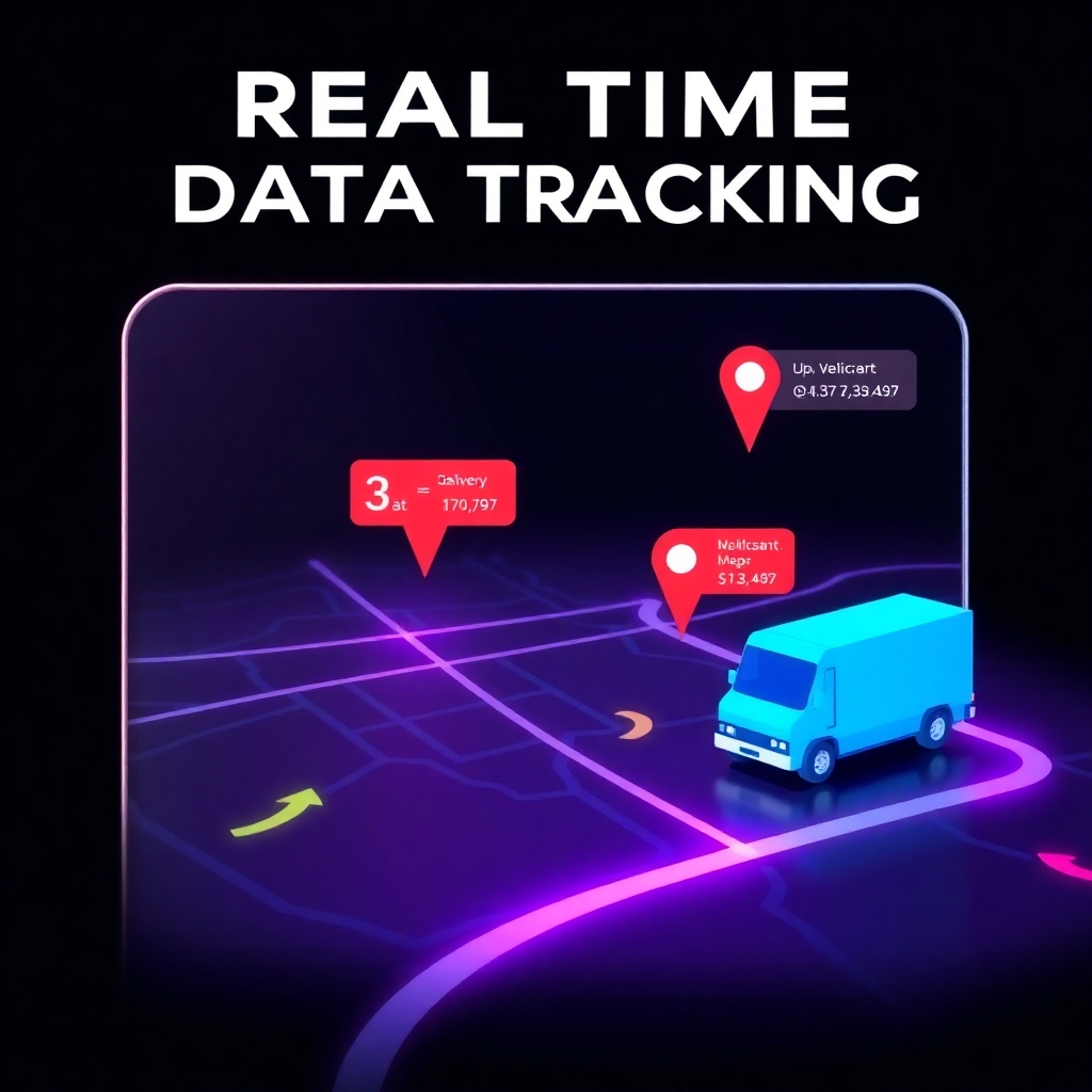 A stylized image illustrating real-time data tracking, perhaps with a map displaying the location of vehicles and delivery statuses. The style should be sleek and modern, using vibrant colors and dynamic animations to effectively convey the real-time data flow. The lighting should be sharp and vivid, highlighting the dynamic nature of the data.
