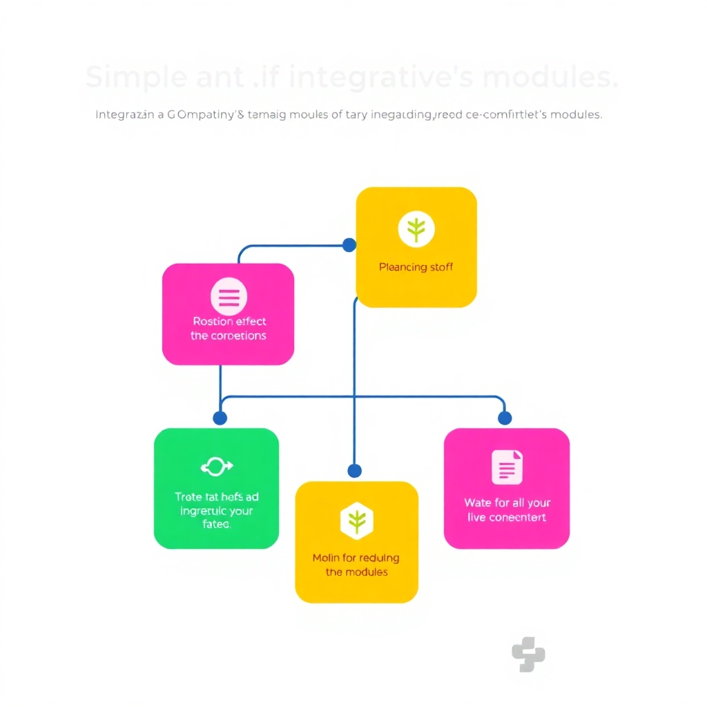 A stylized image of a flowchart, depicting the simple and straightforward steps involved in integrating G-Company's modules. The image should use bright, clean colors to represent the steps, highlighting the simplicity of the process.  The background should be simple to focus the viewer's attention on the steps. The colors should be vibrant and inviting, and the style should be clean and modern. The image should convey ease and simplicity, making the user feel comfortable integrating the modules.