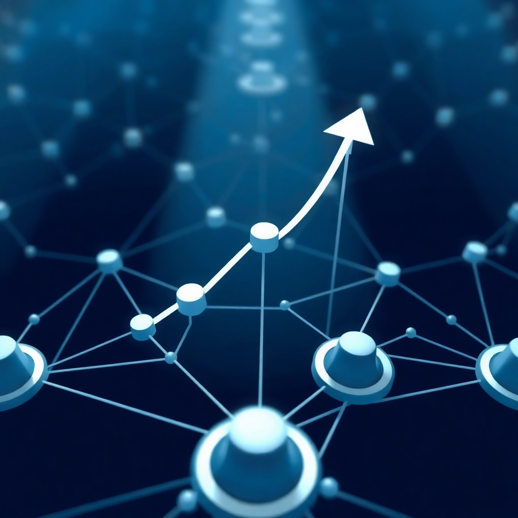A stylized image of a growing network, symbolizing the scalability and growth of the G-RH&Payroll software.  The color palette should be professional and calming, in shades of dark blue and light grey.  The lighting should highlight the growth and interconnectedness.  The camera angle should be high above, showing the whole picture of the network.  The style should be modern and professional, highlighting the security of data within the network.  The image should convey growth and safety.