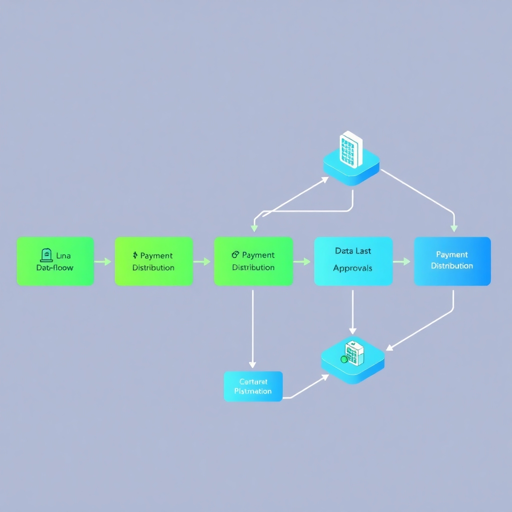 A stylized image of a payroll process flow chart, clearly showing all steps from data input to payment distribution.   The color scheme should feature smooth gradients of green and blue representing data flows and approvals.  The camera angle should be isometric, offering a clear view of the steps in the process. The style should be clean and modern, like a visual infographic. The image should convey automation and reliability.