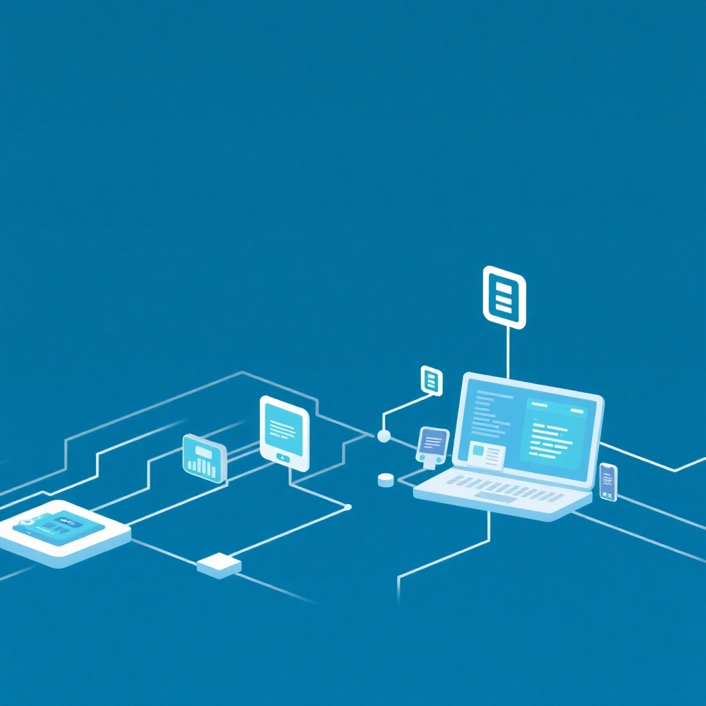A stylized image of interconnected software modules, working together fluidly. The style is clean and modern, emphasizing the smooth integration between modules. A cool, calming color palette is used, while the camera angle focuses on showing the interconnectedness of the modules. Relevant props include visual representations of data flowing between the modules.