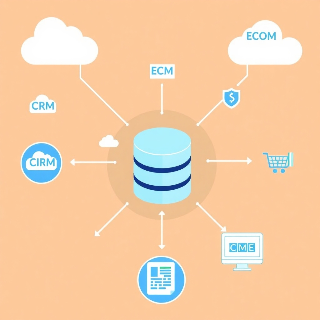 A stylized image representing a central database with data flowing from CRM, ECM, and E-commerce systems. Use a clean and modern visual style with a focus on data visualization and the secure flow of information.  Emphasize the concept of data unity and centralized control.  The color palette should be vibrant, modern and appealing.