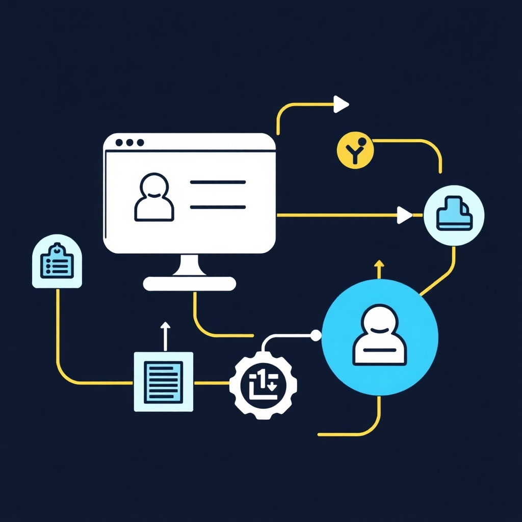 A stylized image representing automated workflows.  Use lines and arrows to represent the automation process. Use a bright, clean color scheme.  Aim for a high-resolution image that is visually engaging and easy to understand.