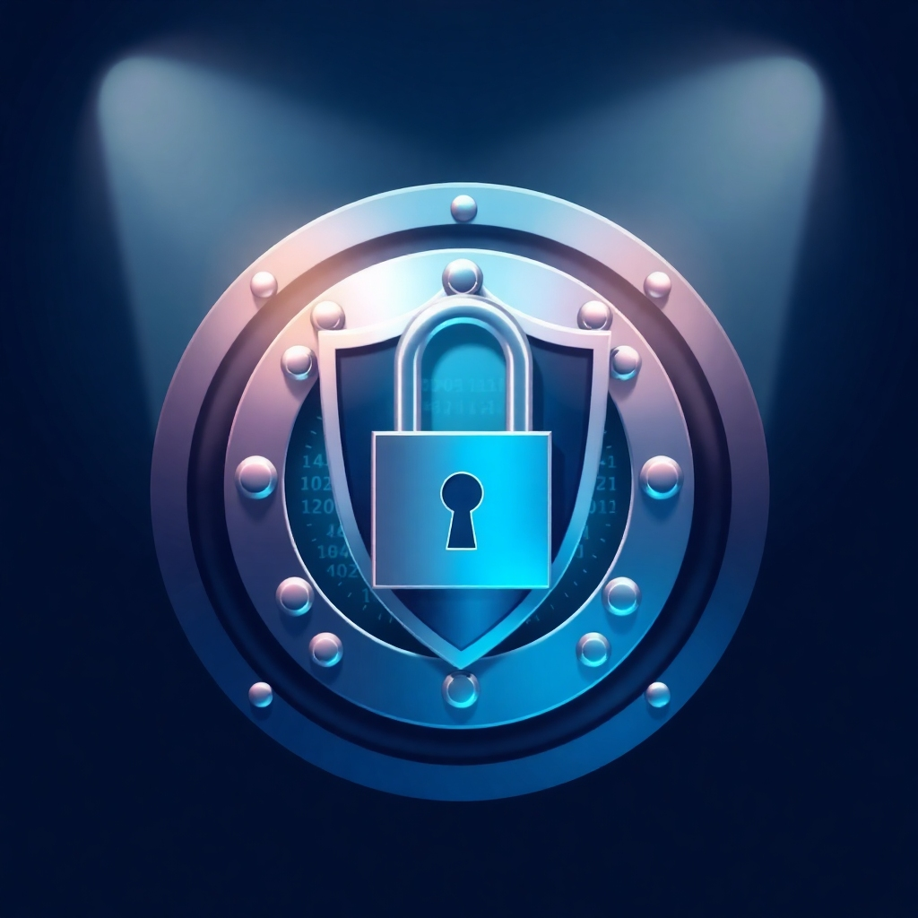 A stylized image showcasing strong data security, symbolized with a visual representation of a locked vault or protective shield surrounding data. The lighting is bright, confident, and well-lit, while the camera angle shows the protection of data.  The color scheme is strong and protective.