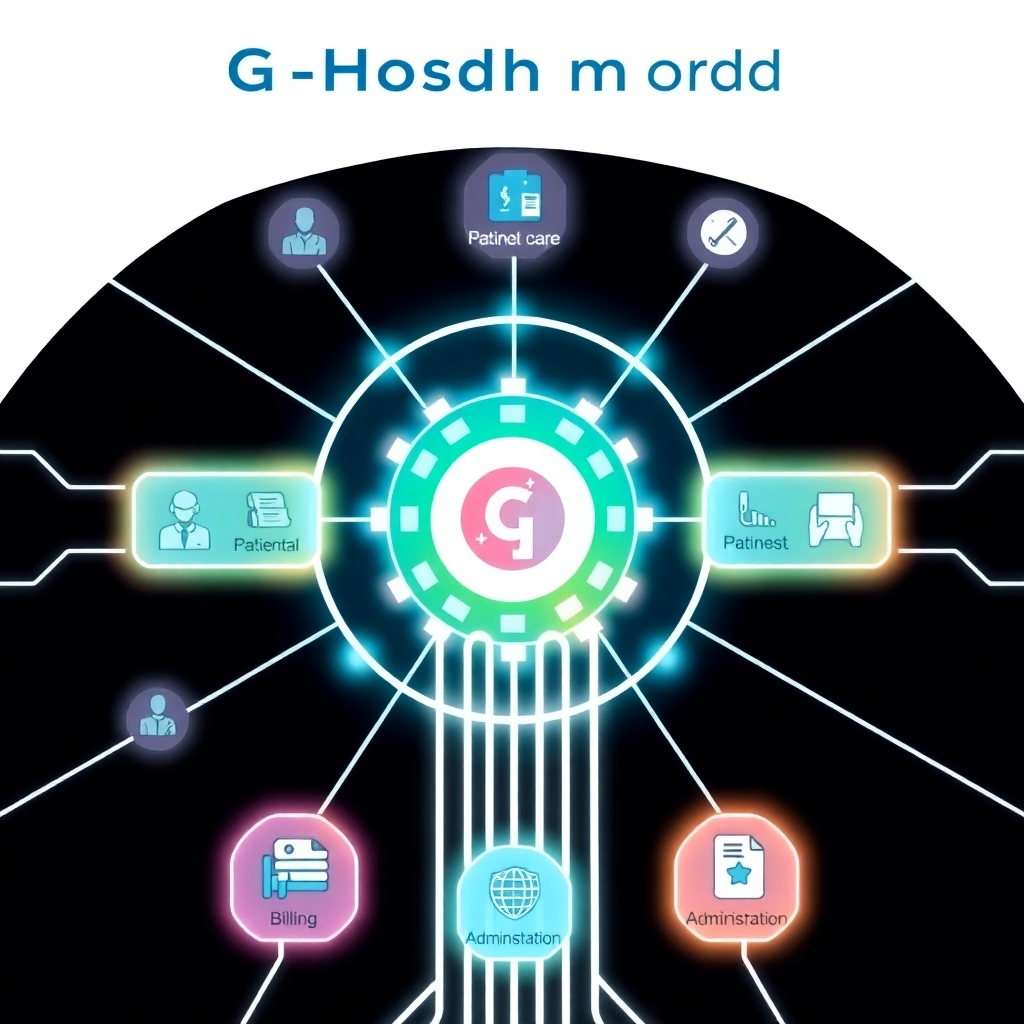 A stylized image showing a central control hub, representing the G-Hospital module, radiating lines to various departments (patient care, billing, administration). The lines should be glowing, symbolizing seamless data flow.  The color palette should be a mix of cool and warm colors, conveying both calmness and dynamism.  The style should be futuristic and dynamic.