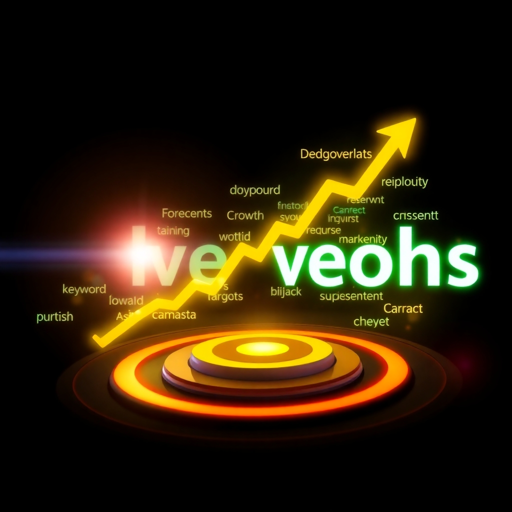 A stylized image showing a rising graph alongside relevant keywords displayed like glowing particles orbiting a central target. The color palette should be vibrant and energetic, with yellows, oranges, and greens representing growth. The composition should be dynamic and eye-catching, creating a sense of upward momentum. Style references could include motion graphics commonly used in marketing presentations showing progress and achievements. 4K resolution, emphasizing high quality and sharp lines. The background should be dark to emphasize the glow of the elements. Lighting should be focused on the rising graph to highlight success and achievement.