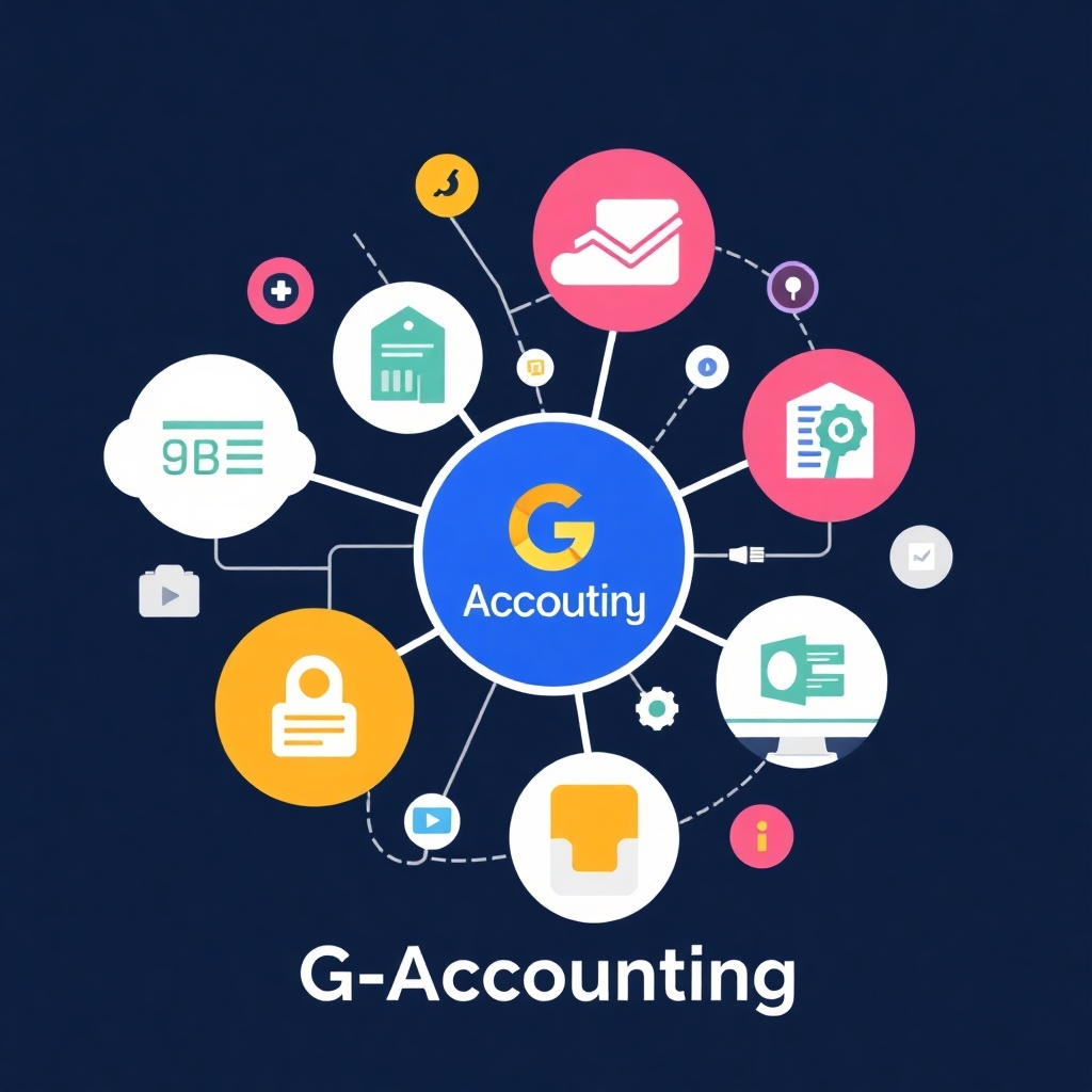 A stylized image showing various business tools and software integrating with G-Accounting in a visually cohesive representation of seamless data flow and collaboration. The image should emphasize connectivity and efficient workflows.