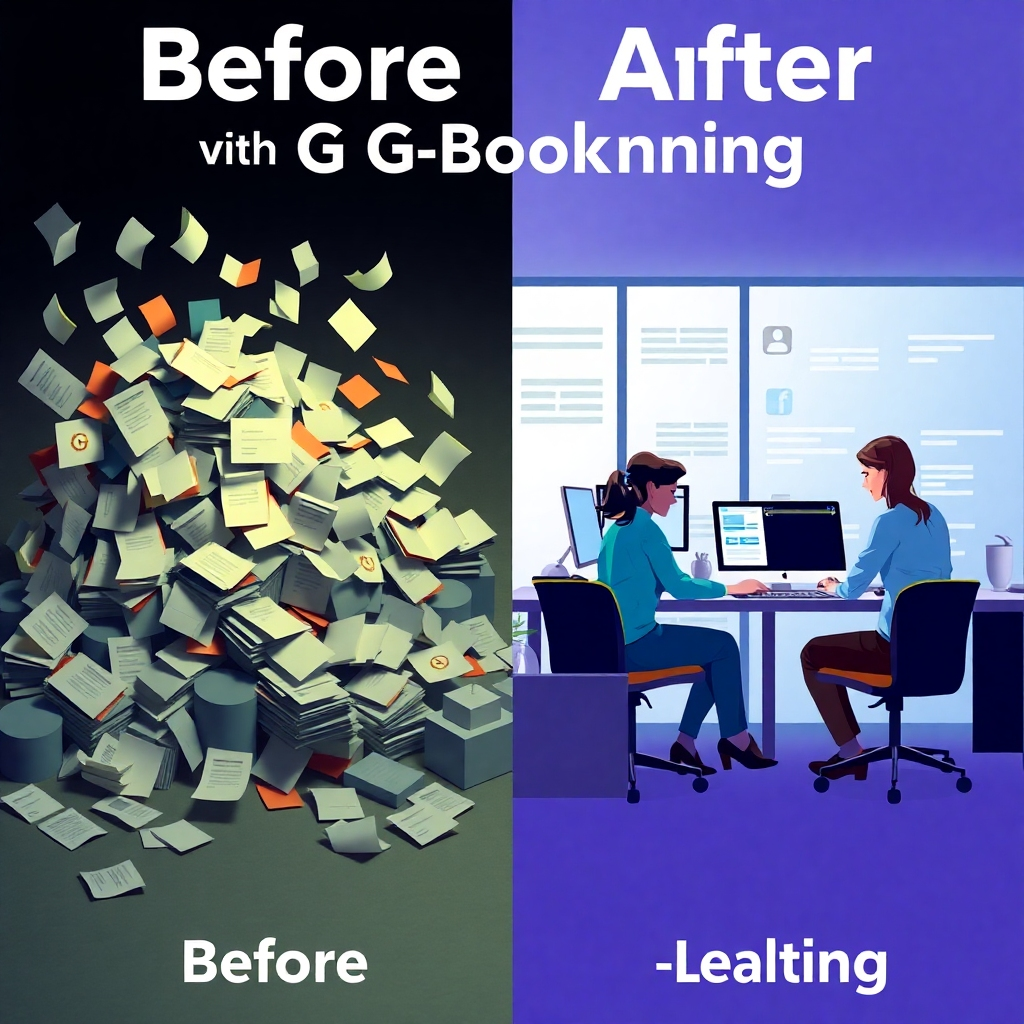 A stylized image that uses a before and after comparison to illustrate the efficiency gains of using G-Booking. On the left side of the image, show a chaotic scene with scattered papers, overflowing inboxes, and stressed individuals. On the right side, depict a calm and organized workplace with individuals effortlessly using a clear, streamlined interface. The colors should contrast significantly between the left and right sides, with dull, muted colors on the left and bright, positive ones on the right, such as bright blues, greens, and yellows. The lighting should enhance this contrast, with dark, somewhat dim lighting on the left side and bright, even lighting on the right.