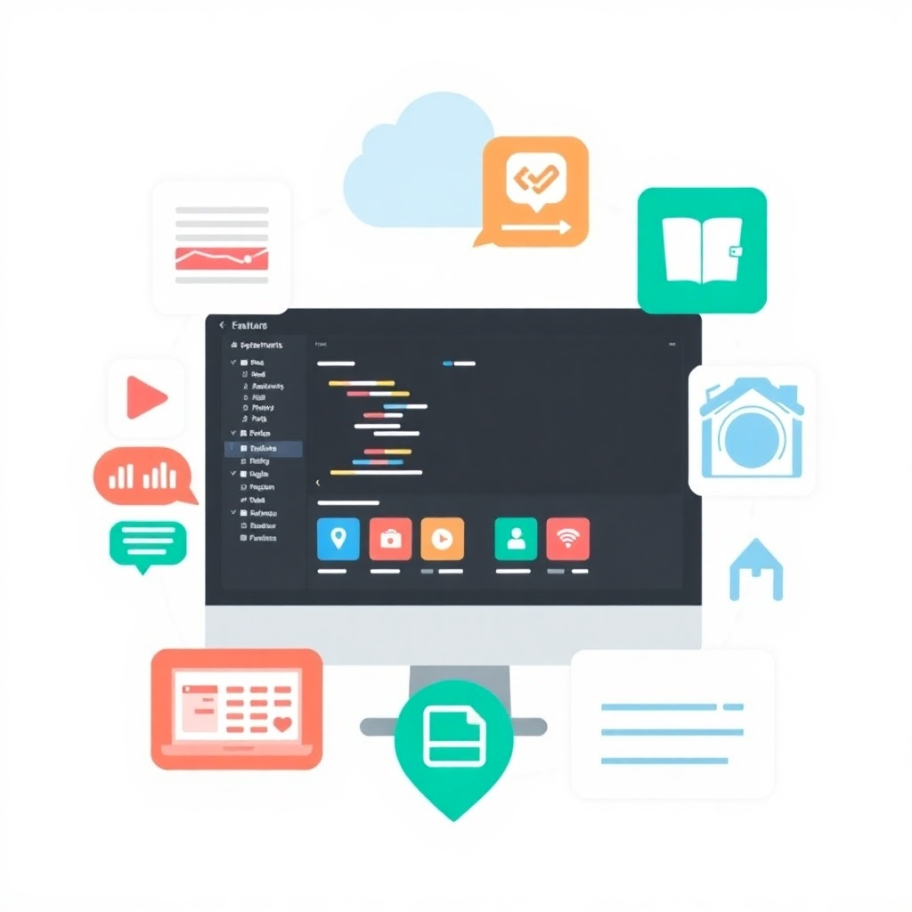 A stylized image using icons and graphics to represent the wide range of features and functions offered within the software, highlighting their power and versatility. The image should use a clear layout and visually convey functionality.