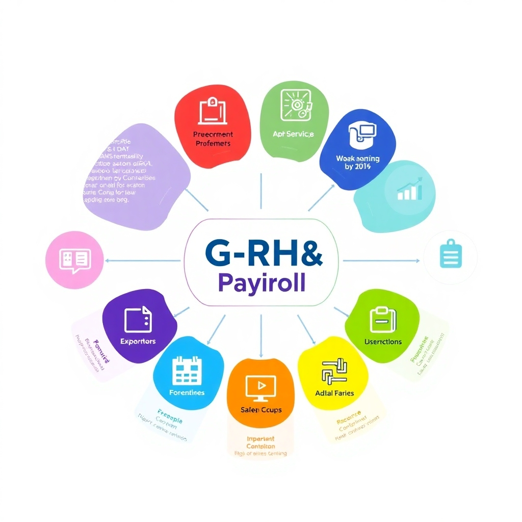 A stylized infographic showcasing the various modules of the G-RH&Payroll system, with clear icons representing each function. The color palette should be vibrant and engaging, to attract the viewer's attention. The lighting should be bright, creating a clean look.  The camera angle should emphasize the flow of data between the modules. The style should be modern, bold, and easily understandable.  The image should convey completeness and functionality.