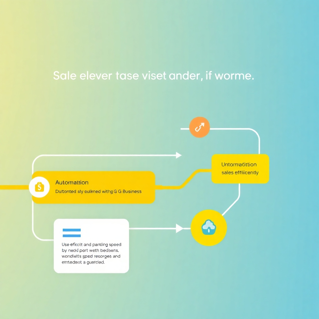 A stylized motion graphic showing a simplified sales workflow, with automated steps highlighted, showcasing the efficiency gained by using G-Business. Use clean lines, bright colors and a dynamic style to convey speed and efficiency. The style should be modern and futuristic, emphasizing automation and efficiency.