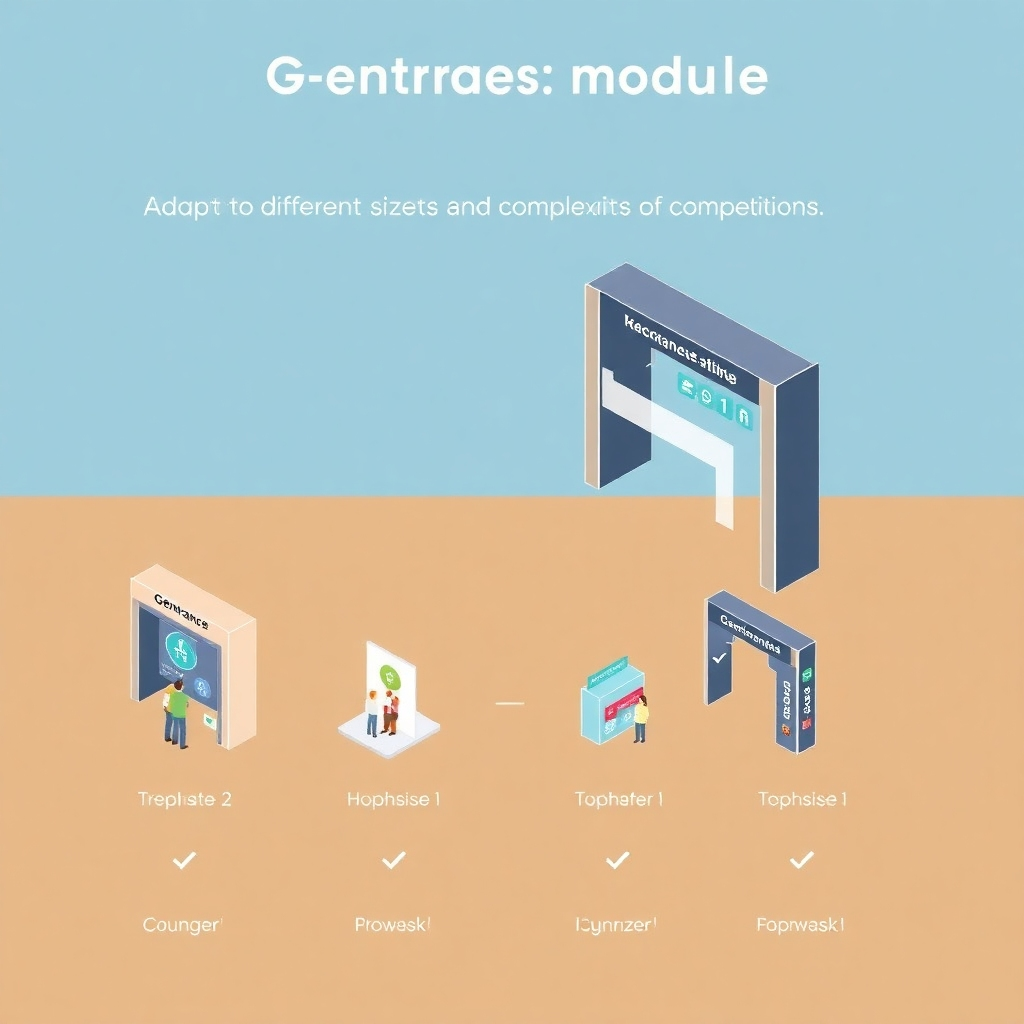 A stylized representation of the G-Entrance module adapting to different sizes and complexities of competitions. Use flexible shapes and visuals to convey scalability and adaptability to different competition sizes.