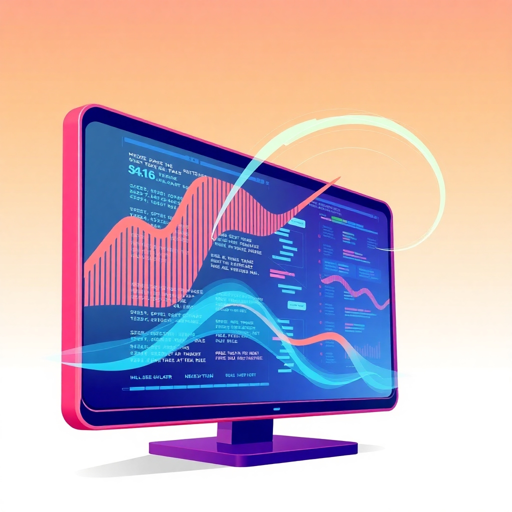 An illustration of data flowing dynamically on a screen, highlighting real-time updates and responsiveness. A futuristic, dynamic style with vibrant colors and clean lines would work well, conveying speed and accuracy.